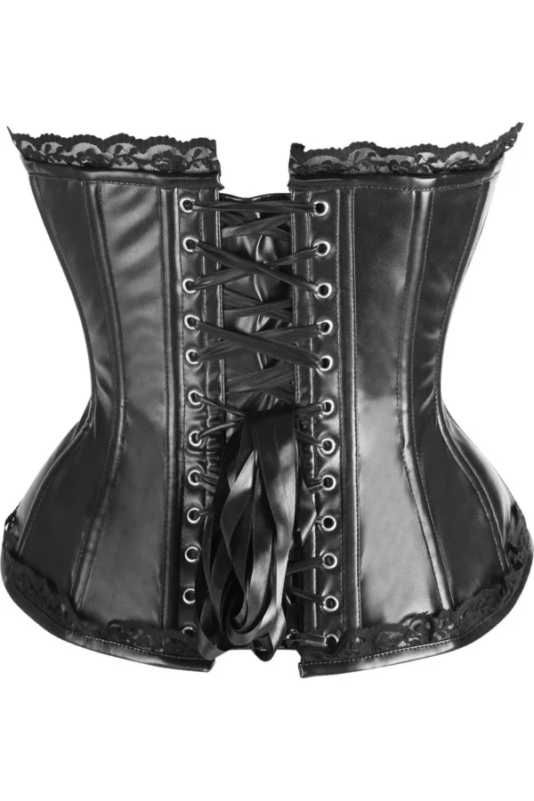 Black Faux Leather & Black Lace Steel-Boned Gothic Overbust Corset Bustier curvycorset.com