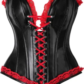 Black Faux Leather & Red Lace Steel-Boned Overbust Corset curvycorset.com