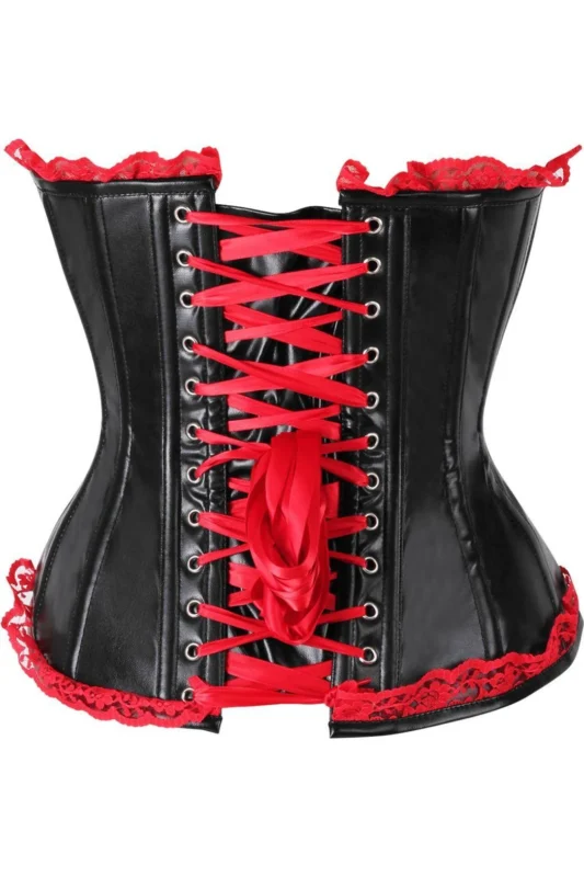 Black Faux Leather & Red Lace Steel-Boned Overbust Corset curvycorset.com