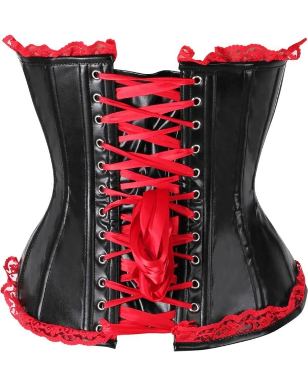 Black Faux Leather & Red Lace Steel-Boned Overbust Corset curvycorset.com
