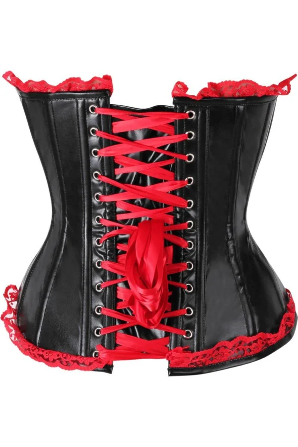 Black Faux Leather & Red Lace Steel-Boned Overbust Corset curvycorset.com