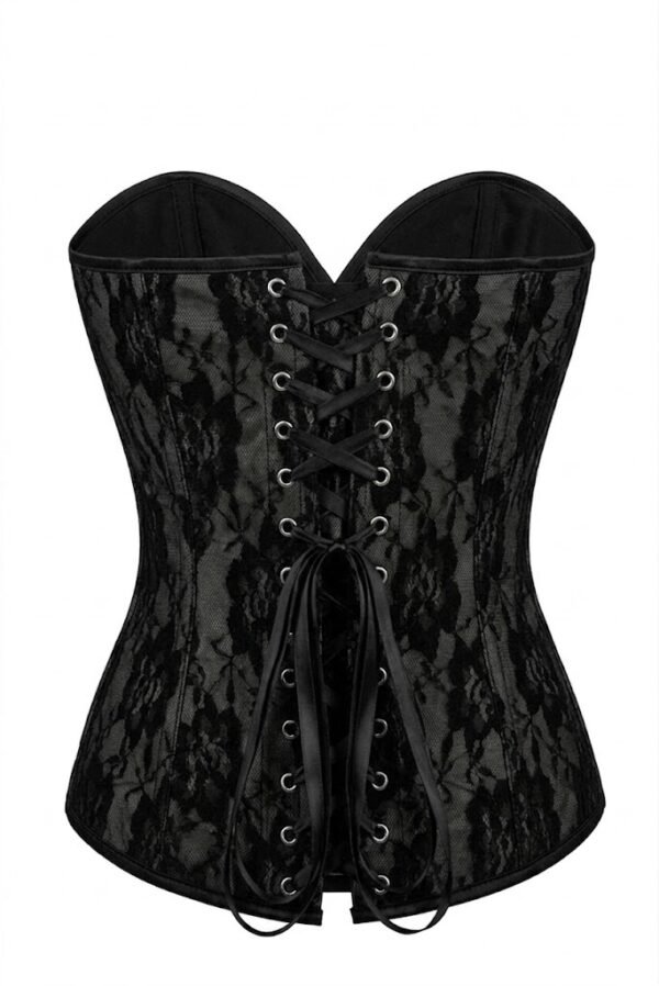 Sexy Nude Black Satin w/Black Lace Overlay Steel Boned Strapless Gothic Corset curvycorset.com
