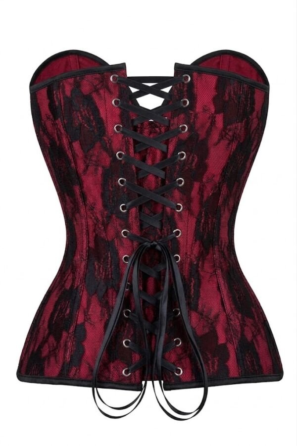Sexy Nude Satin Red Lace Overlay Steel Boned Strapless Gothic Corset Top curvycorset.com