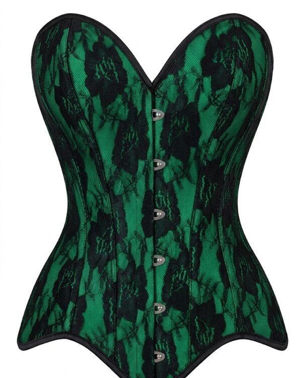 Green Satin with Black Lace Overlay Gothic Corset curvycorset.com