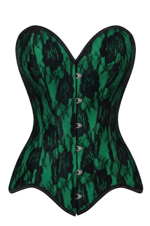 Sexy Nude Green Satin w/Black Lace Overlay Steel Boned Strapless Gothic Corset curvycorset.com