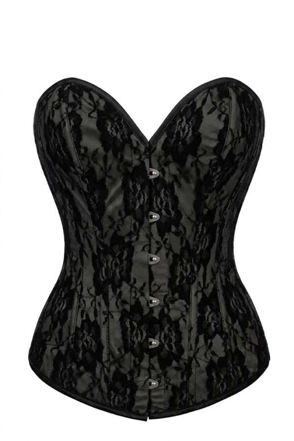Sexy Nude Black Satin w/Black Lace Overlay Steel Boned Strapless Gothic Corset curvycorset.com