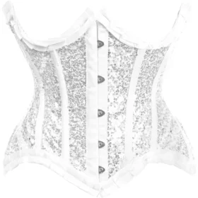 White/Silver Satin & Sequin Underwire Curvy Cut Steel Boned Waist Cincher Corset