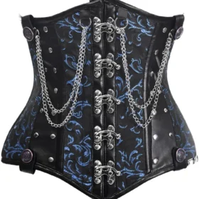Black/Blue Steel Boned Underbust Waist Cincher Corset w/Chains and Clasps
