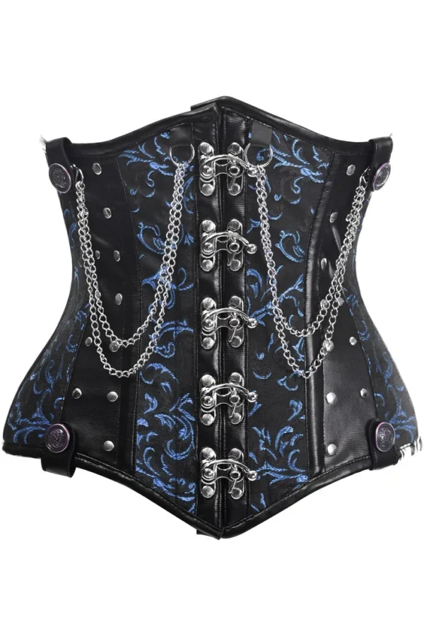 Black/Blue Steel Boned Underbust Waist Cincher Corset w/Chains and Clasps