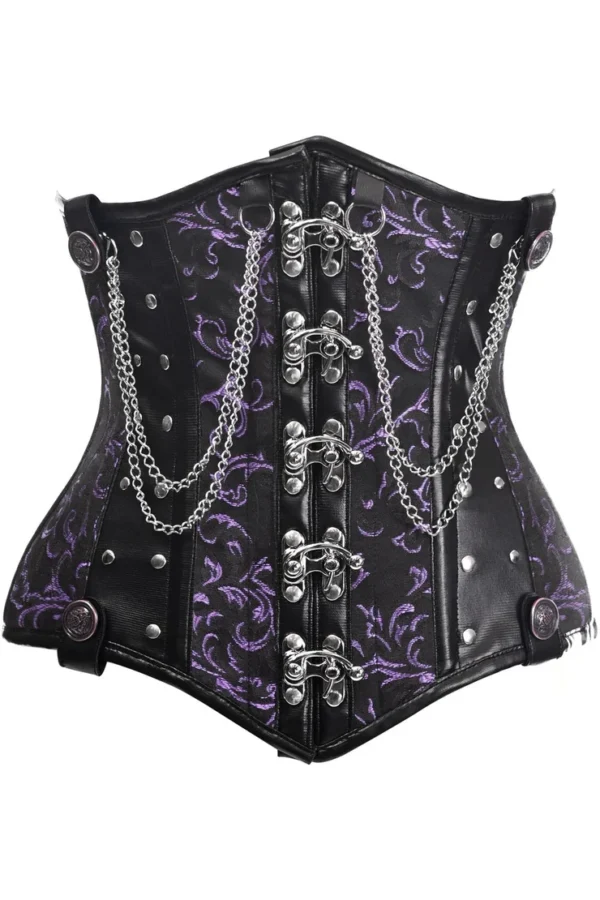 Black/Purple Steel Boned Underbust Waist Cincher Corset w/Chains and Clasps