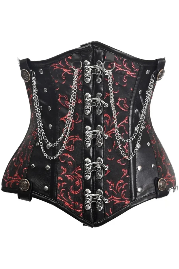 Black/Red Steel Boned Underbust Waist Cincher Corset w/Chains and Clasps
