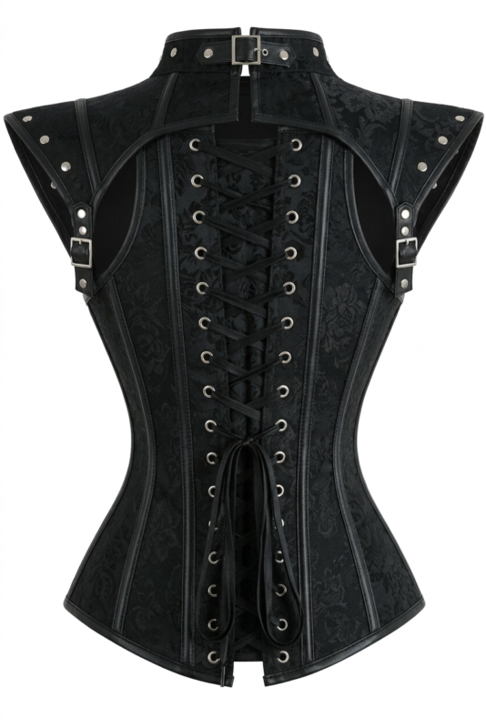 Black Gothic High Neck Steampunk Waist Trainer Overbust Corset curvycorset.com