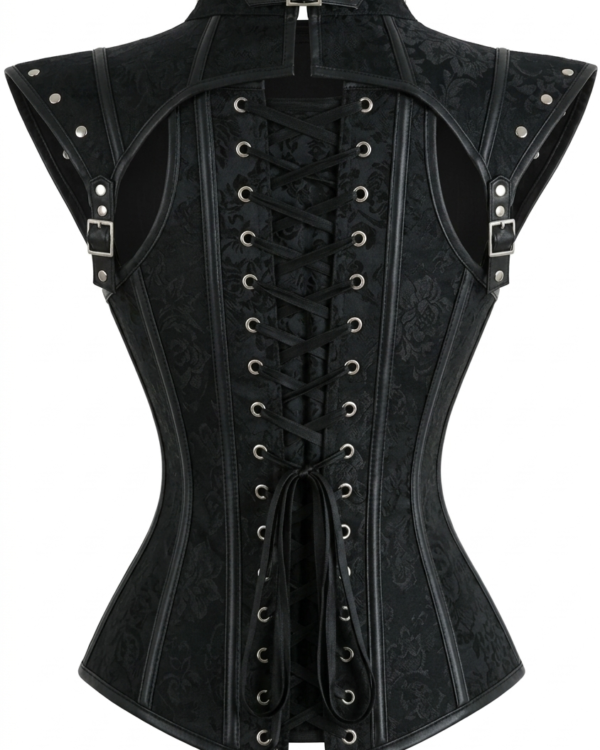 Black Gothic High Neck Steampunk Waist Trainer Overbust Corset curvycorset.com