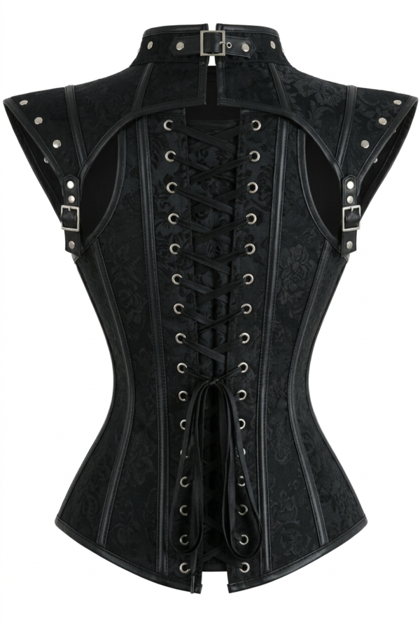 Black Gothic High Neck Steampunk Waist Trainer Overbust Corset curvycorset.com
