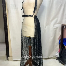 Black Lace Sheer Skirt Leather Chest Harness Gothic Lingerie Overlay Burlesque Vintage Halloween Costume Sheer Prom Night Dress Rave Outfit