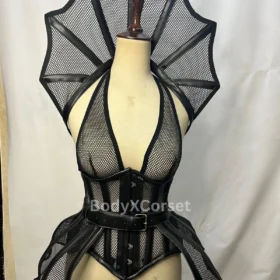 Gothic Mesh Cage Corset with Fan Collar | Avant-Garde Burlesque Waist Cincher |Fantasy Costume Festival Outfit | Steampunk Cyberpunk Costume