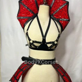 Red Sequin Cage Skirt Harness Set: Burlesque Showgirl Costume