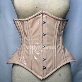 Nude Patent Vinyl Overbust Corset | Plus Size Boned Waist Trainer | Glossy Latex-Look Corset for Shaping, Fetish Wear, Lingerie, and Cosplay