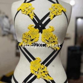 Yellow Floral Applique Body Harness: Strappy Festival Cage Bra