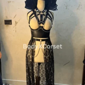 Gothic Leather Harness Lingerie Set with Lace Skirt – Fetish Burlesque Costume, BDSM Cage Bra with Chains, Dark Fantasy Cosplay Outfit