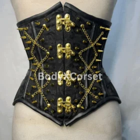 Black Gothic Corset: Gold Chains, Steampunk Waist Cincher