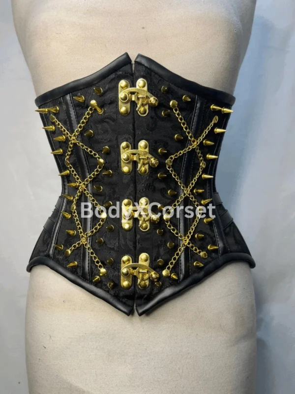 Black Gothic Corset: Gold Chains, Steampunk Waist Cincher