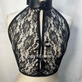 Gothic Black Lace Halter Corset: Steampunk Faux Leather Choker