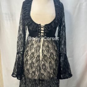 Gothic Black Lace Corset Dress: Victorian Witchy Bell Sleeve Gown
