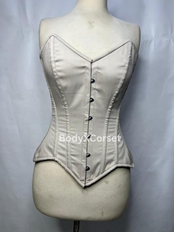 Beige Satin Overbust Corset: Steel Boned Waist Trainer, Gothic Bridal Bustier