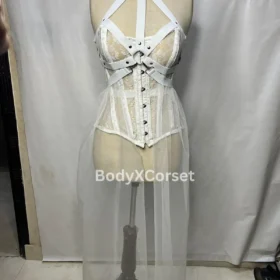 White Harness Lace Corset Dress Sheer Skirt Gothic Festival Lingerie, Steampunk Burlesque Costume, Fetish Harness Top, Bridal Boudoir Outfit