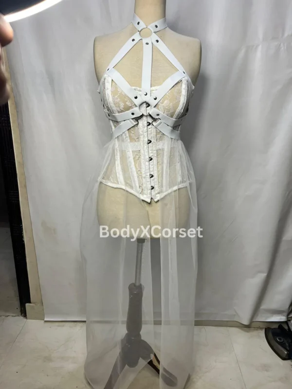 White Harness Lace Corset Dress Sheer Skirt Gothic Festival Lingerie, Steampunk Burlesque Costume, Fetish Harness Top, Bridal Boudoir Outfit