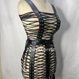 Black Faux Leather Cage Dress: Gothic Corset Harness, Rave Outfit