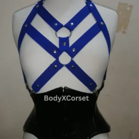 Blue Elastic Harness with Black PVC Corset - Gothic Waist Cincher Lingerie Festival Rave Wear Adjustable Fetish Harness Alt Outfit for Women