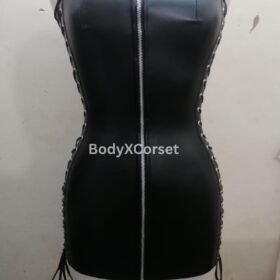 Black Faux Leather Gothic Corset Dress: Strapless Bodycon Clubwear