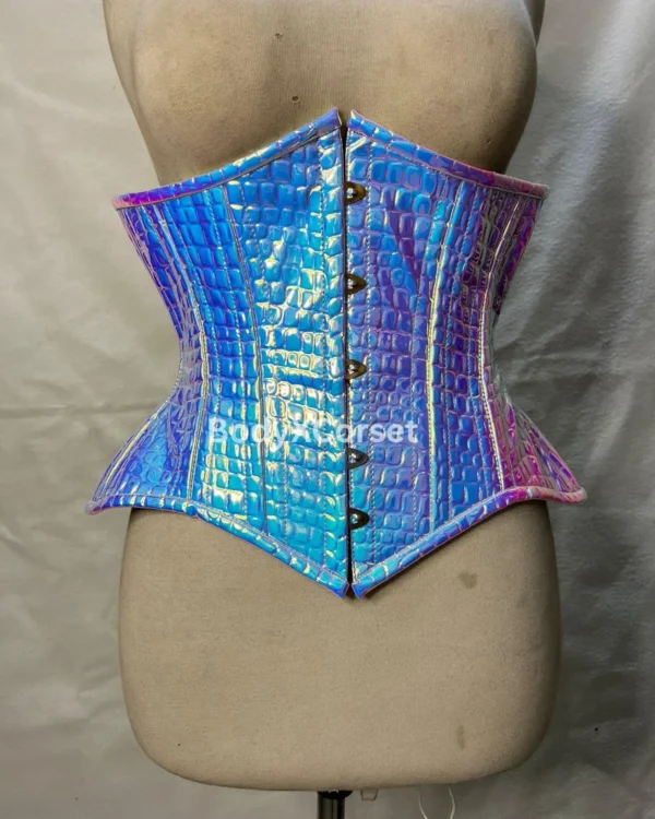 Holographic crocodile waist corset lace up back steel boned waist cincher curvycorset.com