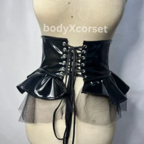 Black Faux Leather Corset Belt with Peplum Ruflle Skirt Black Cupless Waist Belt Burlesque Lingerie Accessory Fetish Cosplay Corset Skirt