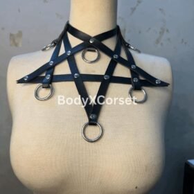 Handmade Black Faux Leather Pentagram Body Harness: Gothic Rave Cage Bra