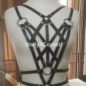 Black Faux Leather Body Harness: Gothic Cage Bra Top, Adjustable Straps