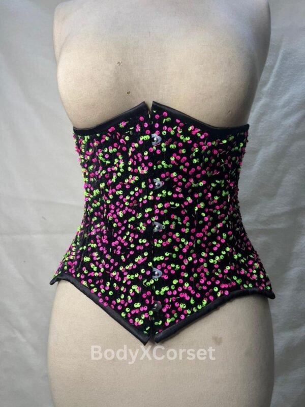 Black Sequin Steel Boned Corset: Gothic Burlesque Waist Trainer