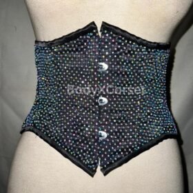 Rhinestone Corset: Black Gothic Underbust Waist Trainer - Rave Festival Top