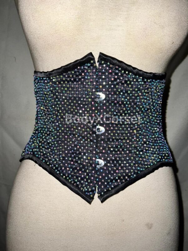Rhinestone Corset: Black Gothic Underbust Waist Trainer - Rave Festival Top