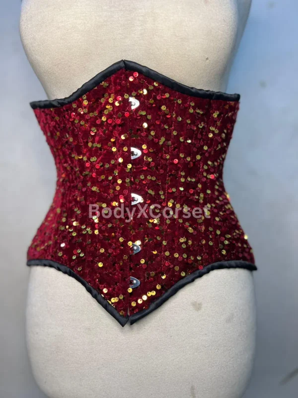 Red Sequin Underbust Corset: Velvet Gothic Burlesque Waist Trainer