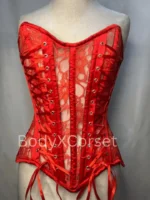 Red Lace Overbust Corset with floral lace and ribbon lacing
