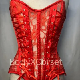 Red Lace Overbust Corset with floral lace and ribbon lacing