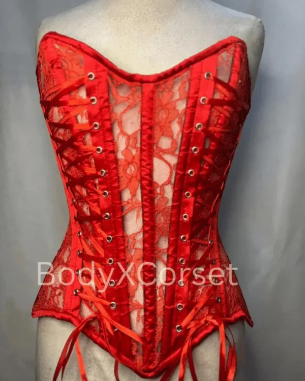 Red Lace Overbust Corset with floral lace and ribbon lacing