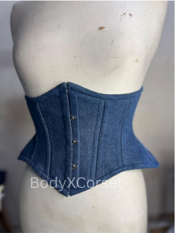 Blue Denim Underbust Corset: Steel Boned Jean Bustier - Waspie Style