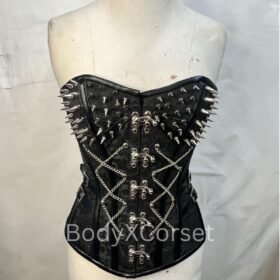 Spiked Gothic Brocade Corset: Steampunk Leather Bustier, Rave Festival Outfit