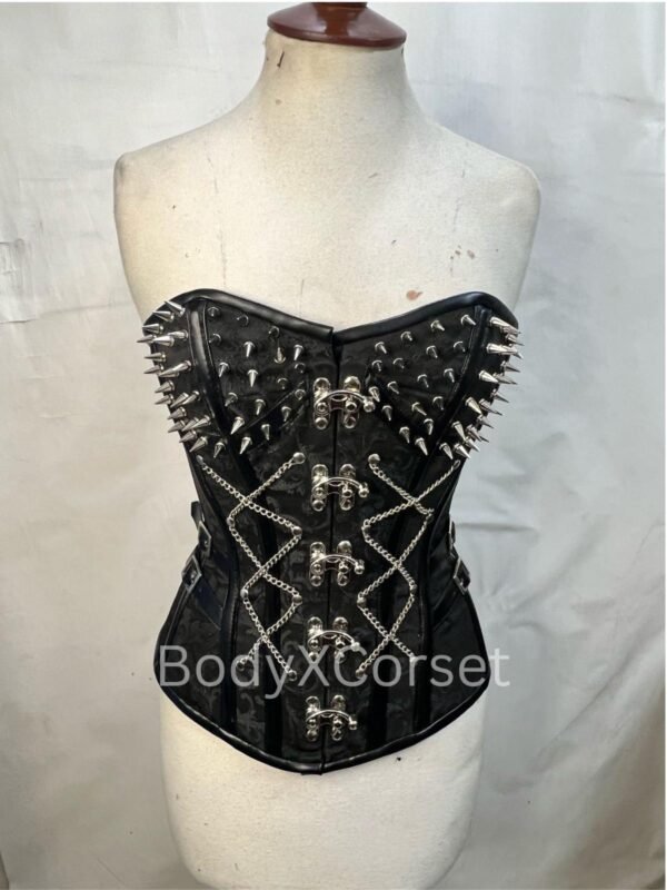 Spiked Gothic Brocade Corset: Steampunk Leather Bustier, Rave Festival Outfit