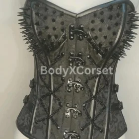 Black Spiked Gothic Corset: Steel Boned Heavy Duty Waist Trainer, Punk Cosplay Halloween Costume