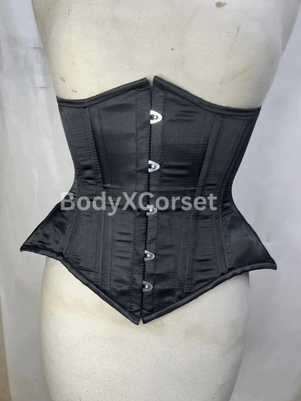 Black Satin Long Underbust Corset: Steel Boned Gothic Waist Trainer